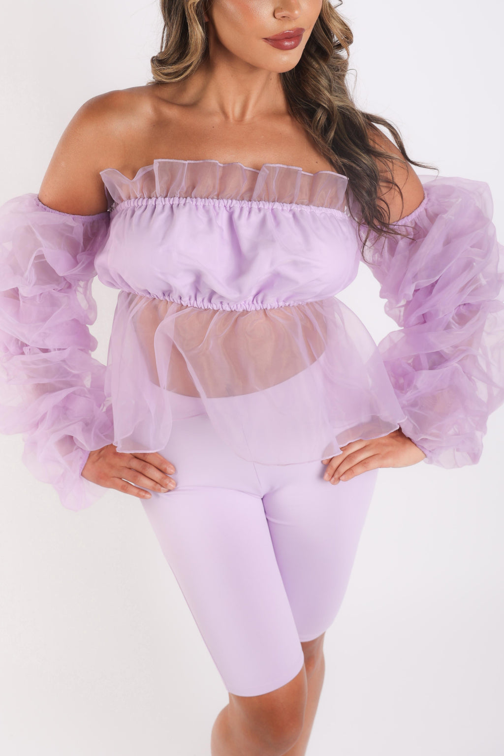 Organza Sleeve Detailed Top & Matching Shorts 2 Piece Set lavndr
