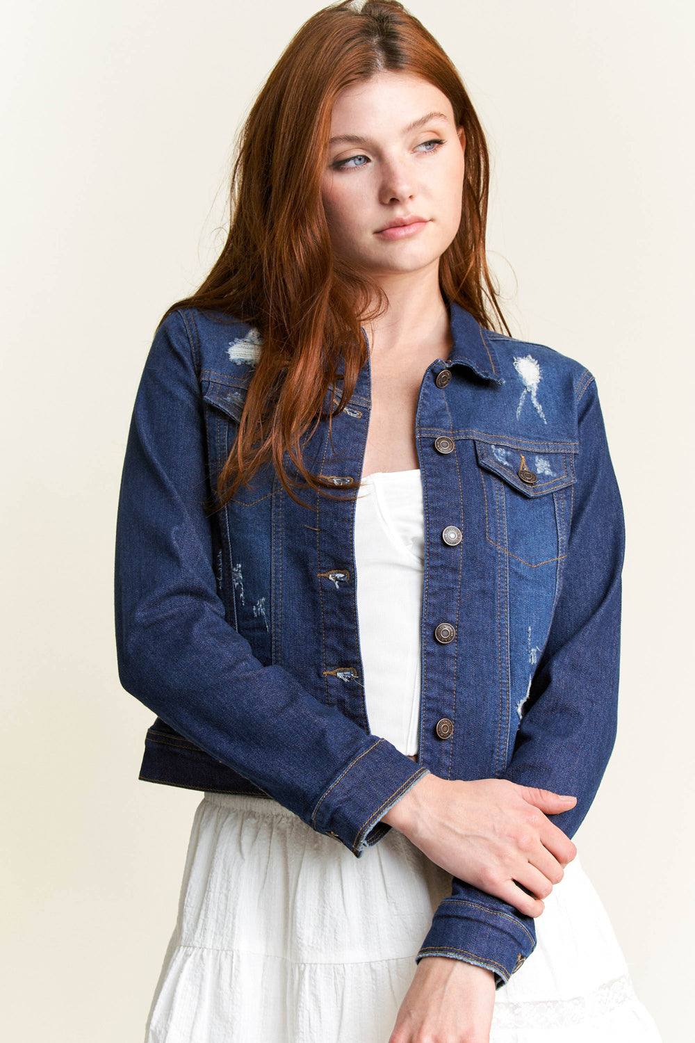 Women's denim jacket in dark wash, stylish vintage casual outerwear