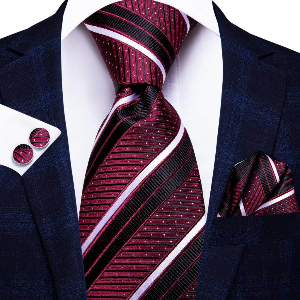 Elegant designer wedding ties for men in burgundy with striped pattern, accessorized with matching pocket square