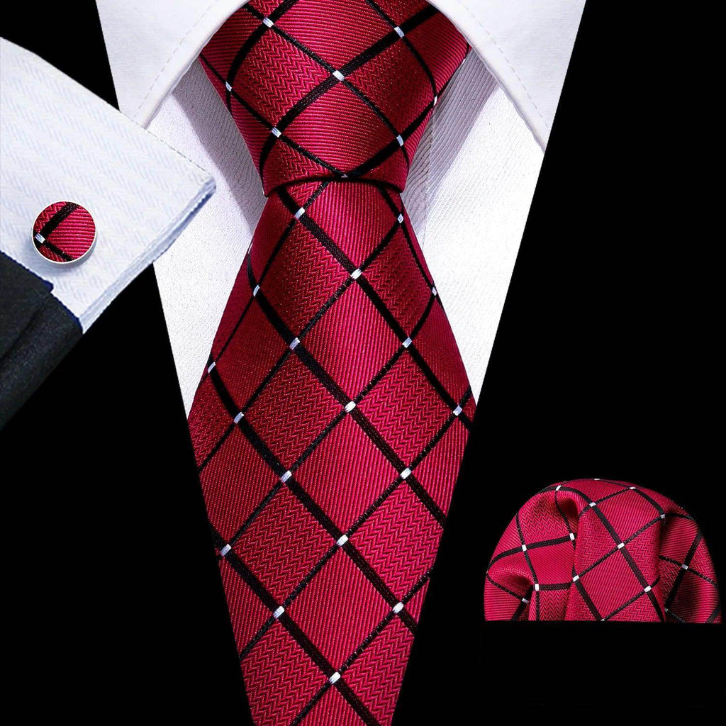 Fashionable silk tie sets in red with diamond pattern, matching pocket square and cufflinks