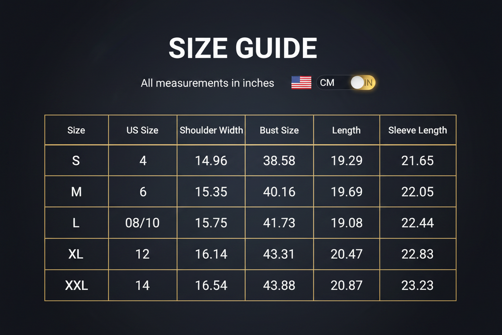 Size guide with item measurements from a seller, including US size, shoulder width, bust size, length, and sleeve length.