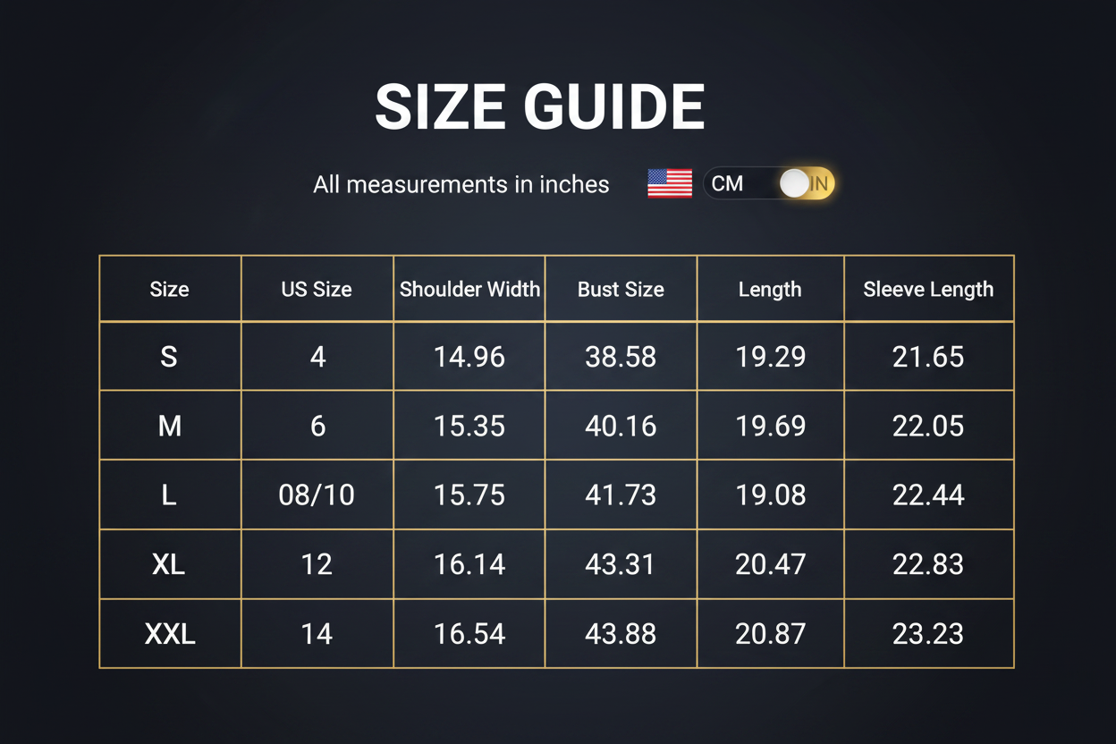 Size guide with item measurements from a seller, including US size, shoulder width, bust size, length, and sleeve length.
