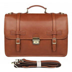 Genuine leather business bag in brown with dual buckle closures and detachable shoulder strap