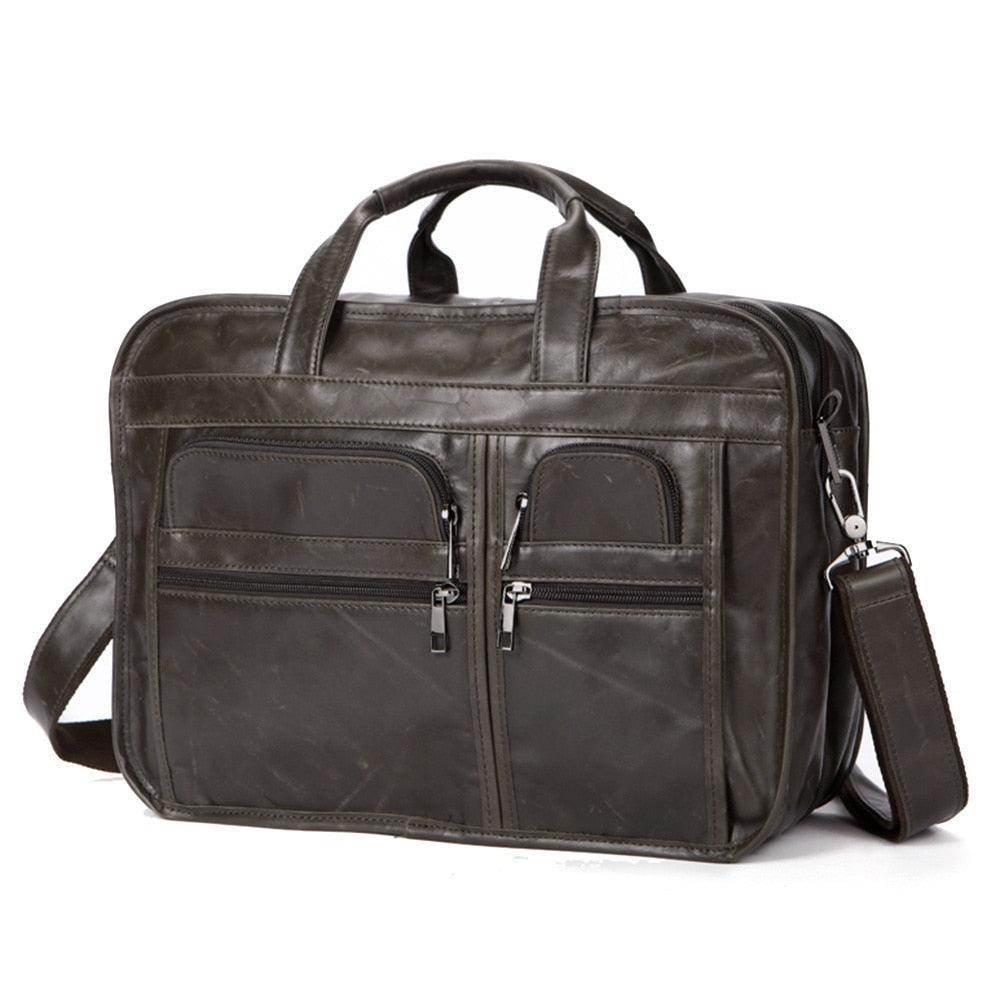 Genuine leather business briefcase with multiple pockets and adjustable shoulder strap for professionals