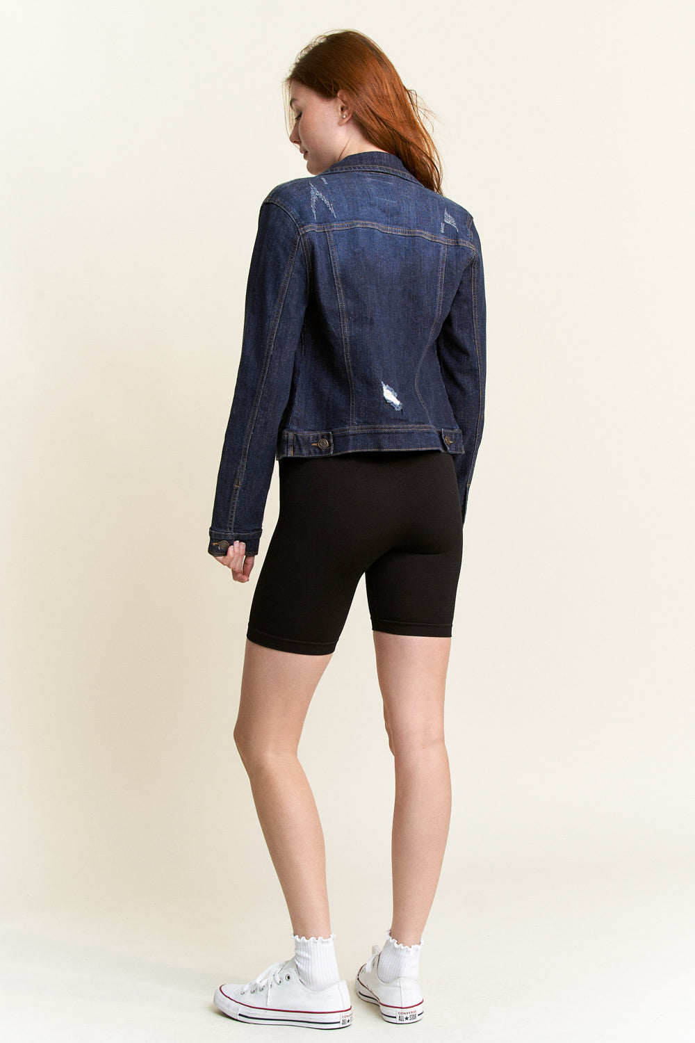 Women's dark wash denim jacket for casual wear
