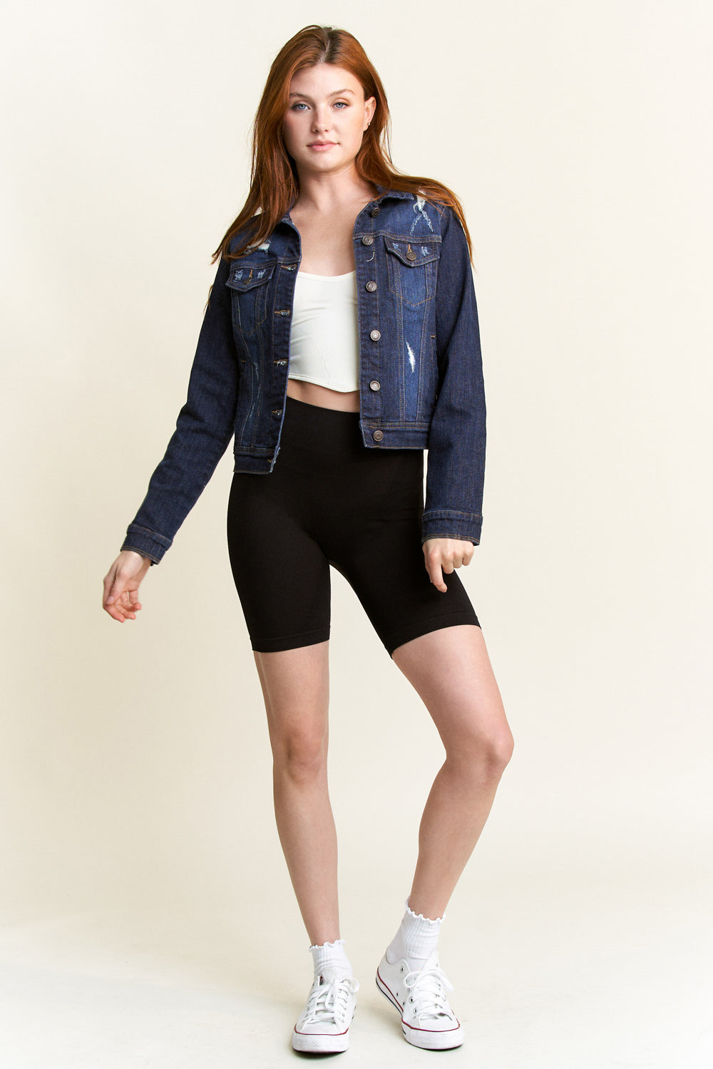 Women's denim jacket, dark blue, casual wear for everyday outfits