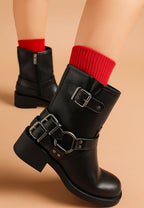 Rag Company women's leather harness boots for travel with chunky heels and stylish buckles