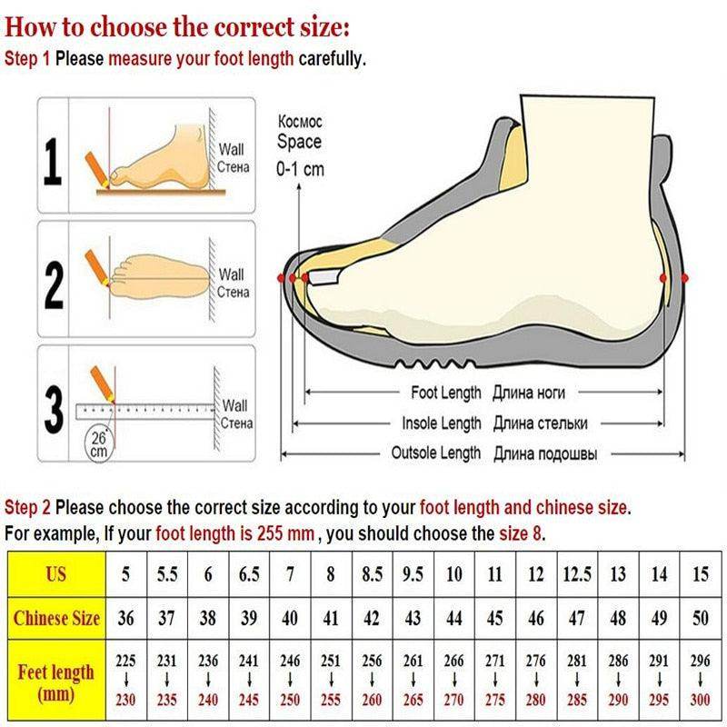 Size guide for leather loafers for men showing foot measurements and conversion charts for accurate fitting
