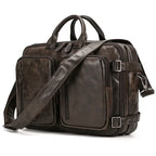 mens 3-in-1 leather combo briefcase backpack dark brown vintage leather with dual front pockets and detachable strap