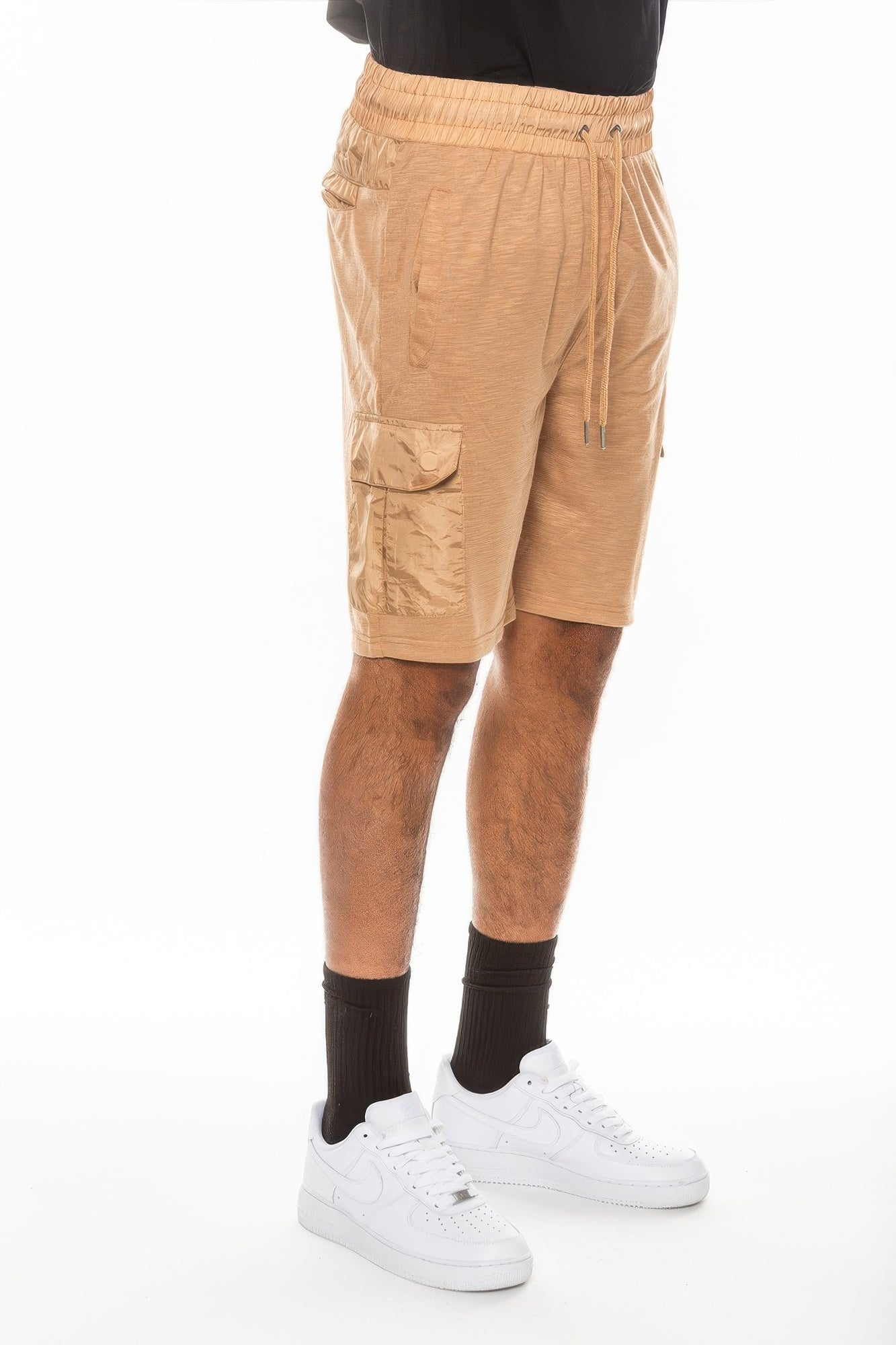 Men's tan lightweight running shorts, comfortable fabric for active wear