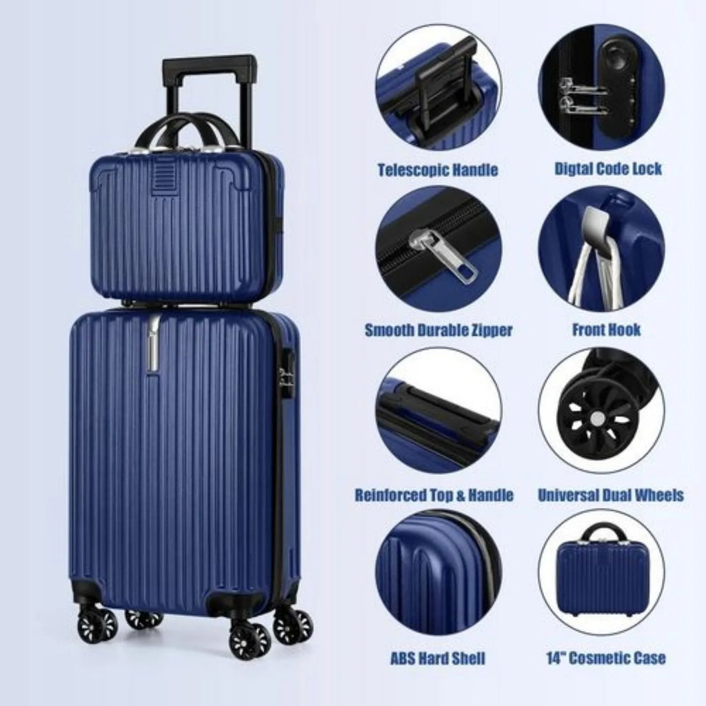 Navy luggage set with hard shell, telescopic handle, and dual wheels