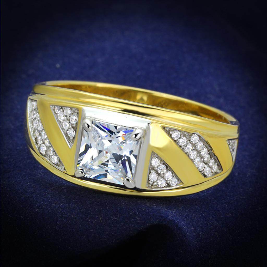Men's gold and rhodium sterling silver ring featuring a large center stone and sparkling accents