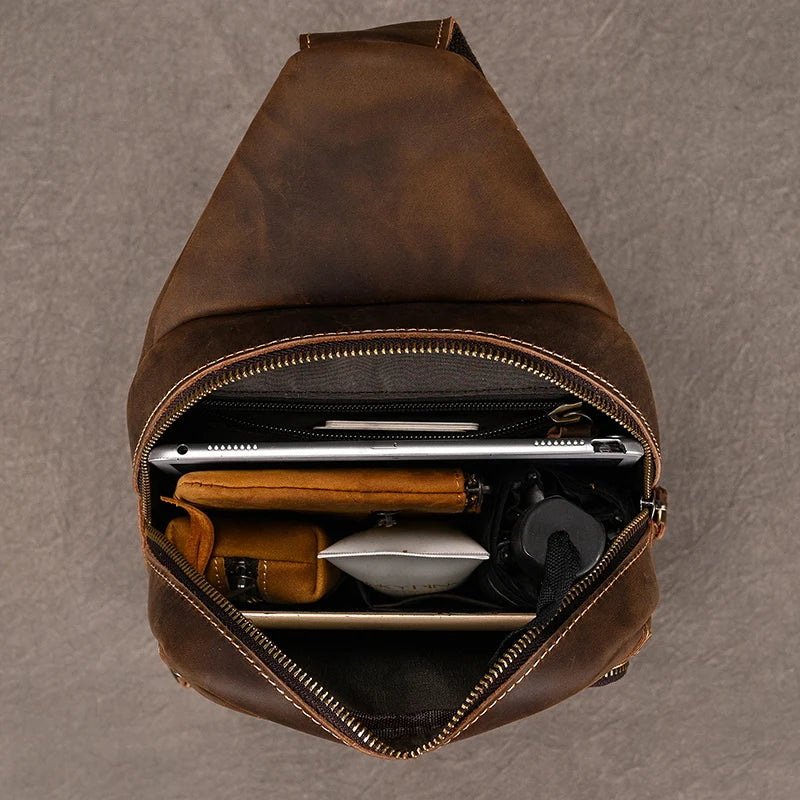 mens sling shoulder bag in brown leather for casual use