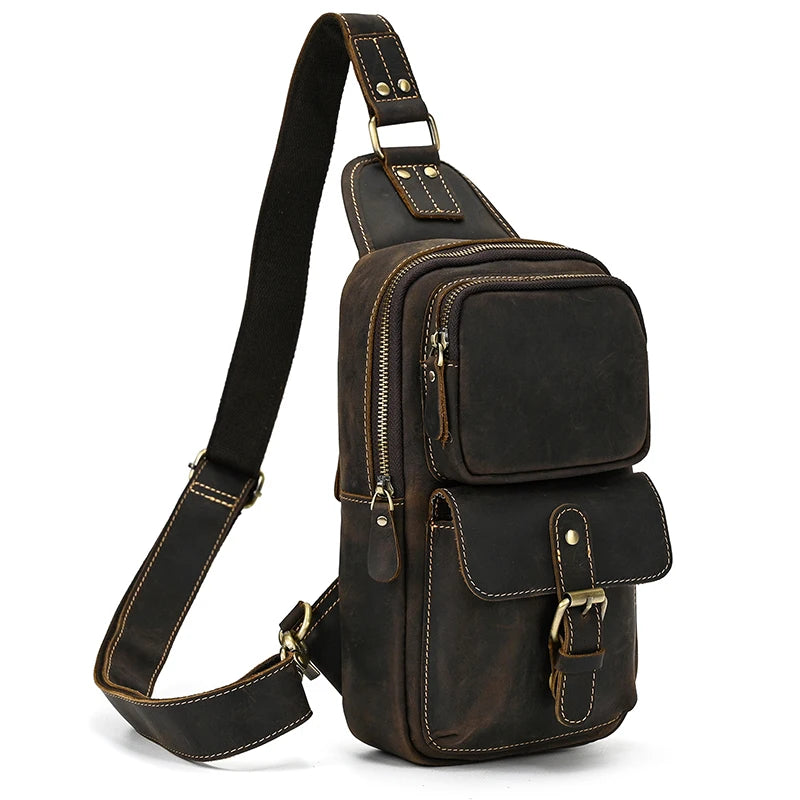 mens sling shoulder bag in brown leather for everyday use