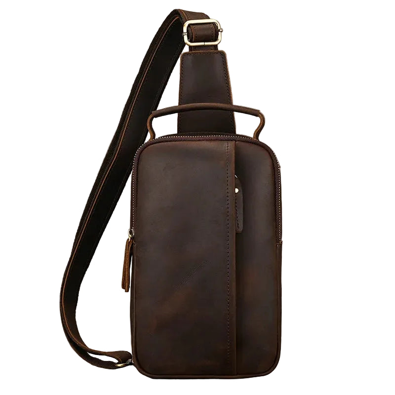 Brown leather mens sling shoulder bag for everyday use