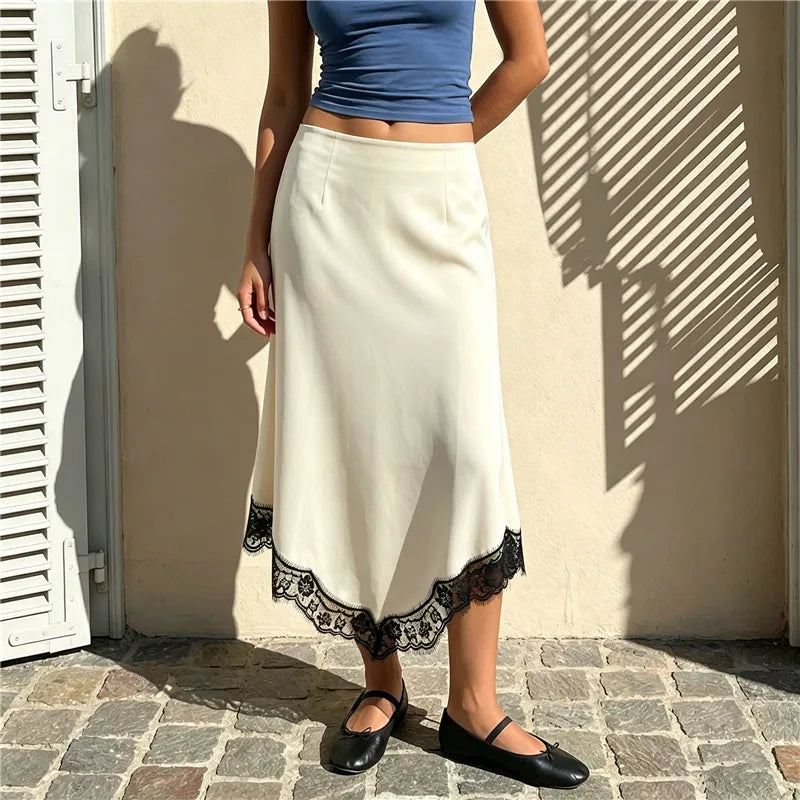 Women's cream midi satin skirt with lace trim, stylish and elegant