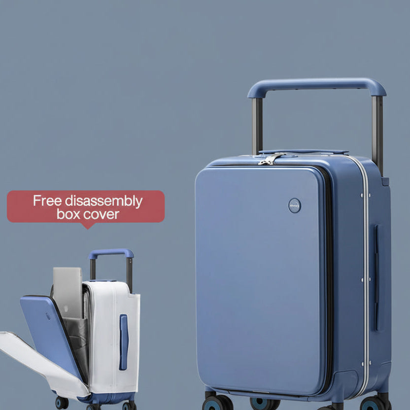 Blue carry on size luggage dimensions with a hard shell and 360-degree wheels