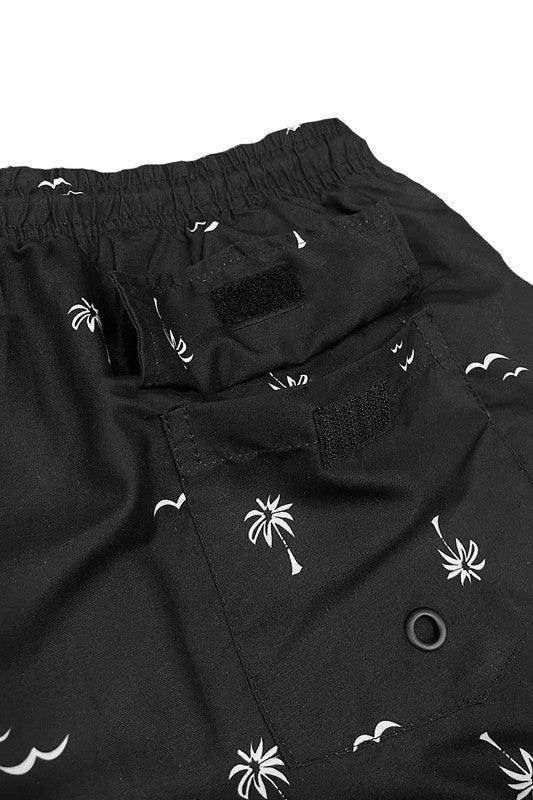 WEIV men's palm print beach shorts in black featuring a comfortable elastic waistband and back pocket