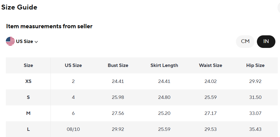Size guide chart for clothing measurements in US and CM with size labels from XS to L.