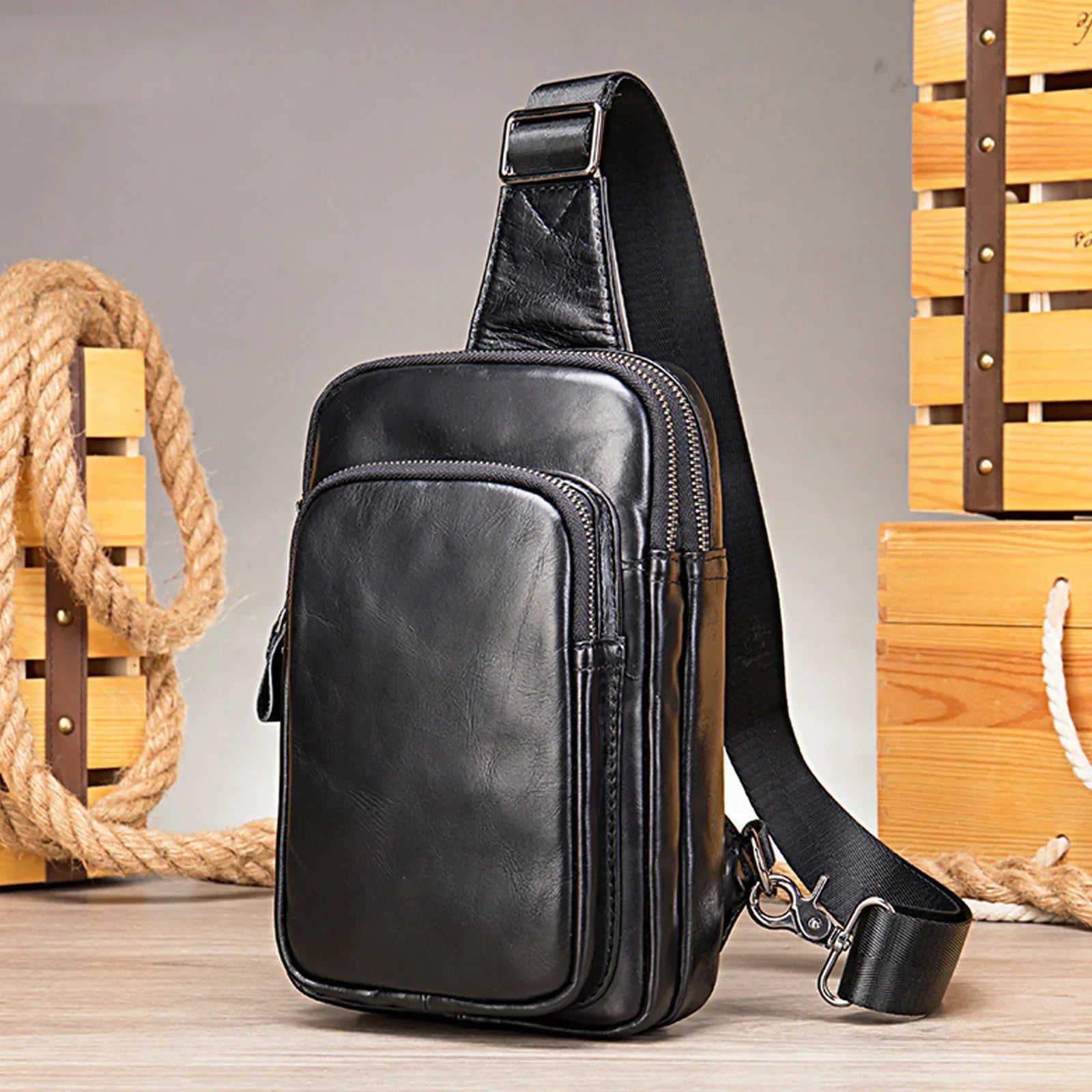 Black quality leather lightweight backpack for travel and everyday use