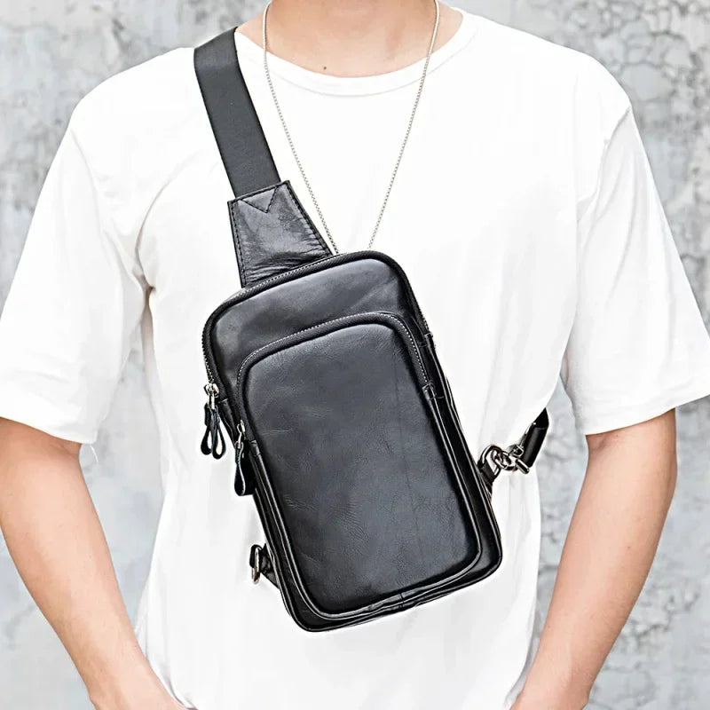 Men's black quality leather lightweight backpack for daily use