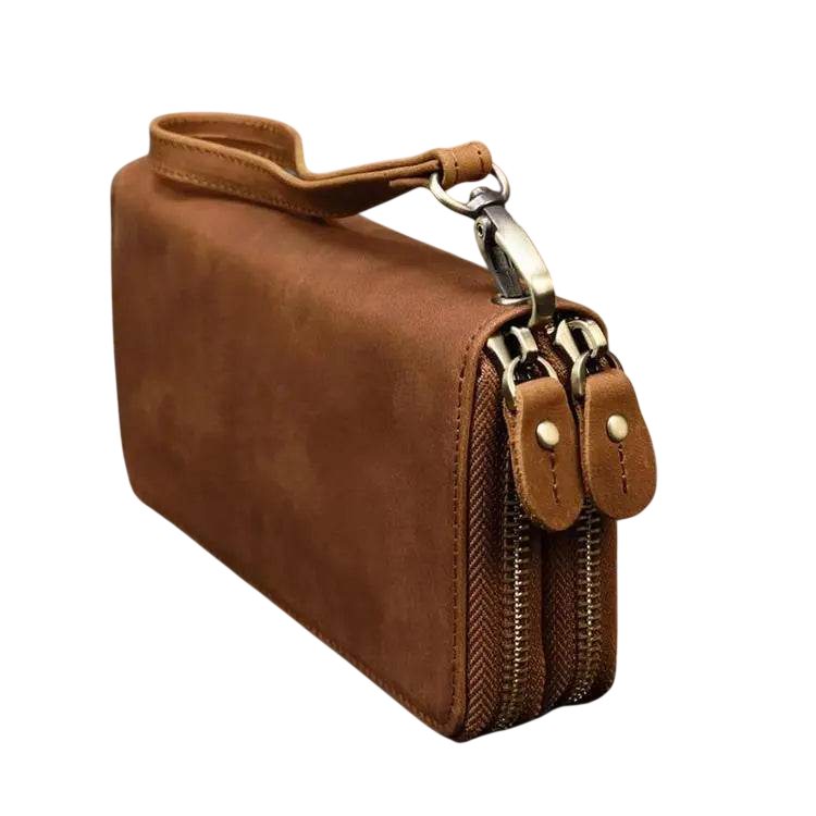 Retro Crazy Horse Leather Double Zipper Wallet for Men