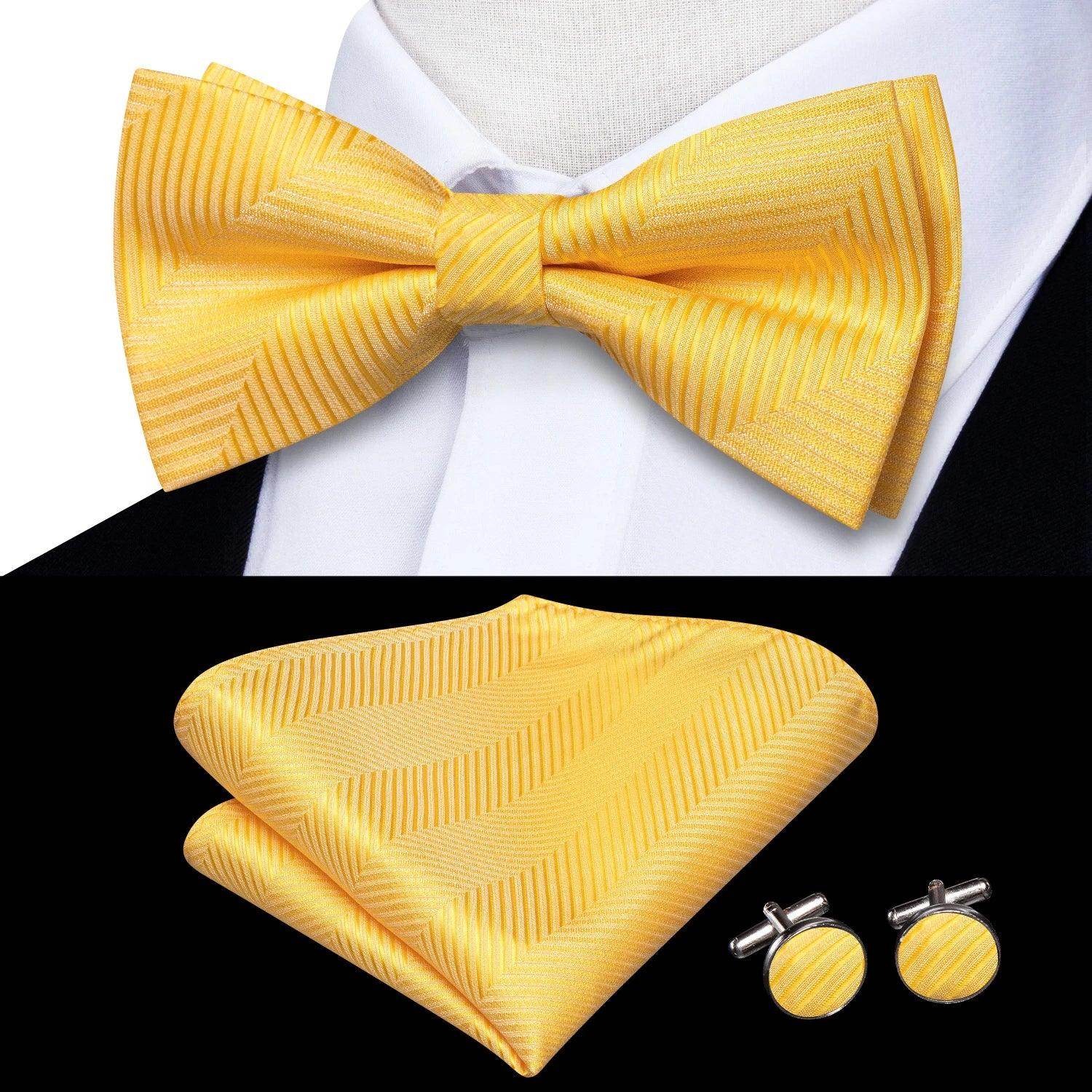 Yellow silk bow ties for men with matching pocket square and cufflinks