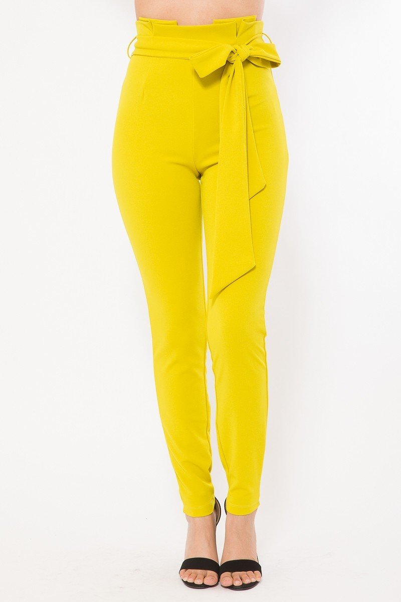 Women's yellow skinny pants jeans with a stylish tie waist