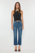 Women's straight leg blue jeans, stylish fit for casual wear