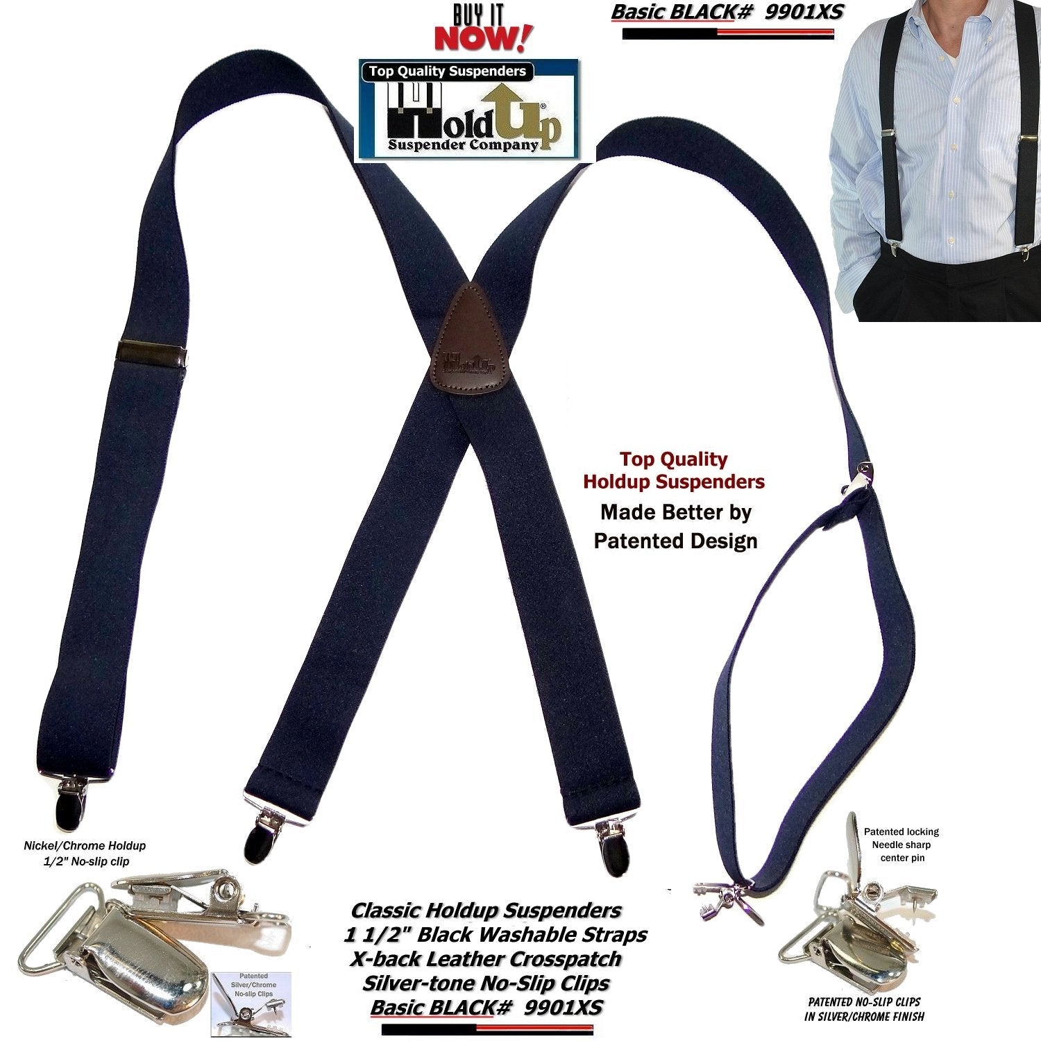 Classic Holdup Suspenders in black, adjustable, ideal for formal wear