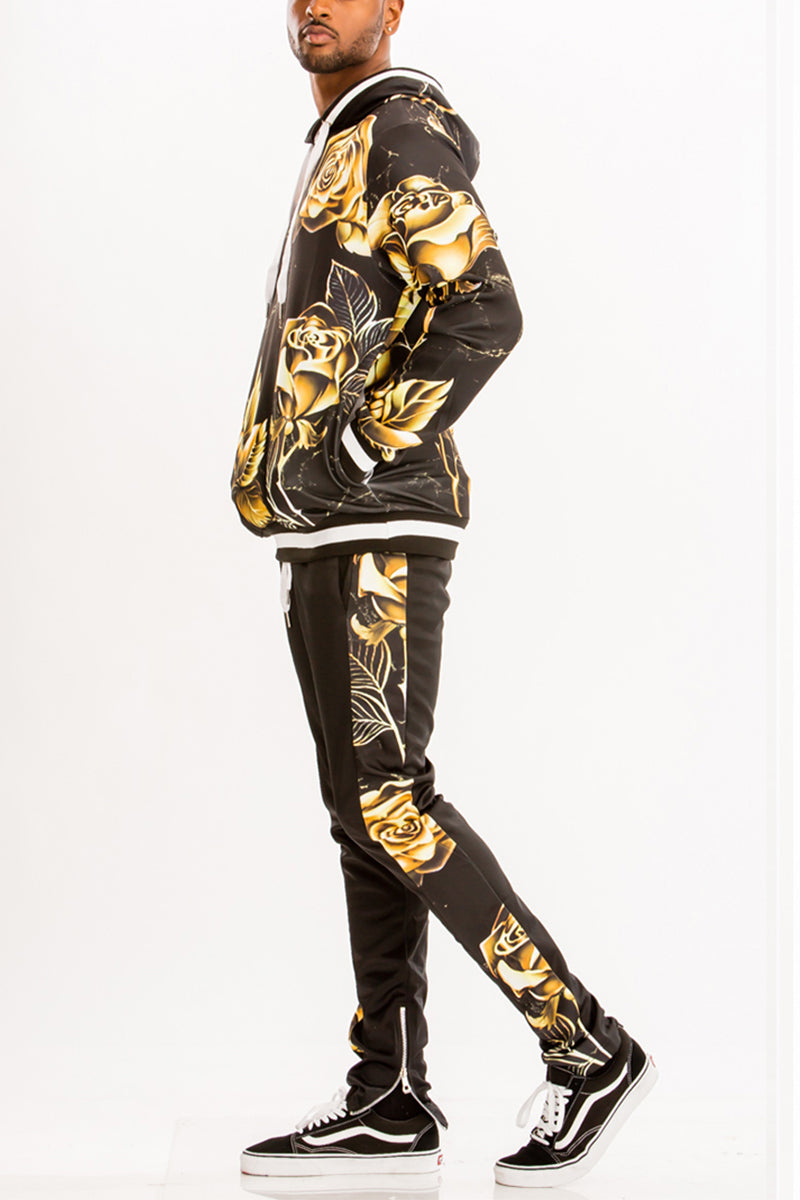 Lime Milo men's sweat set in black with floral design, perfect for casual wear