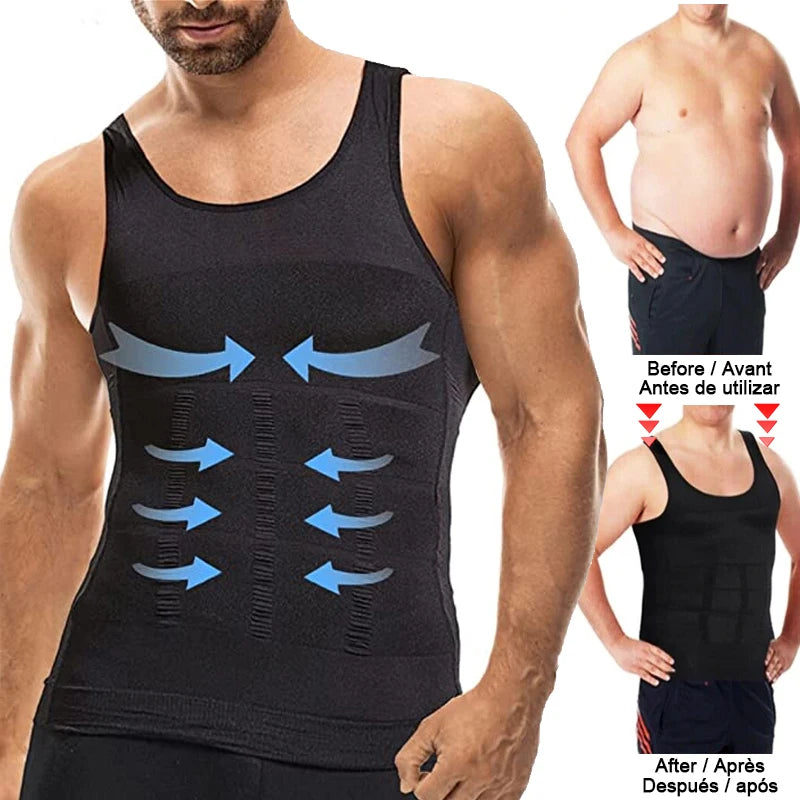 Men's black compression tank top for tummy control and support