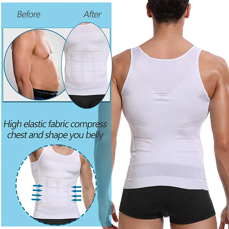 Men's white compression tank top, high elastic fabric for belly support