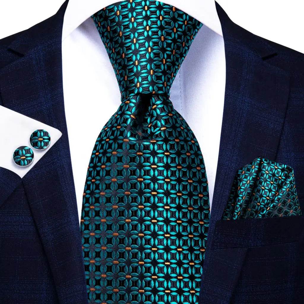 Men's teal green striped silk tie set for formal occasions