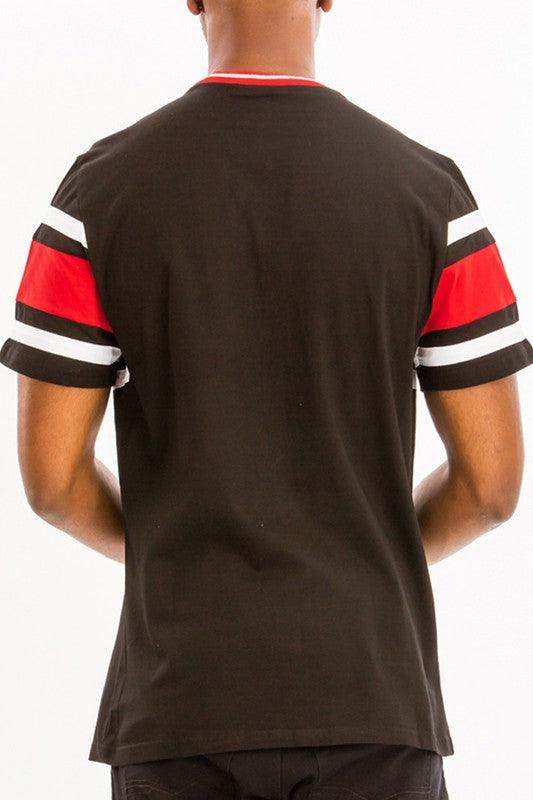 WEIV Men's Three Stripe Shirt in Black with Red and White Sleeve Details for a Stylish Look