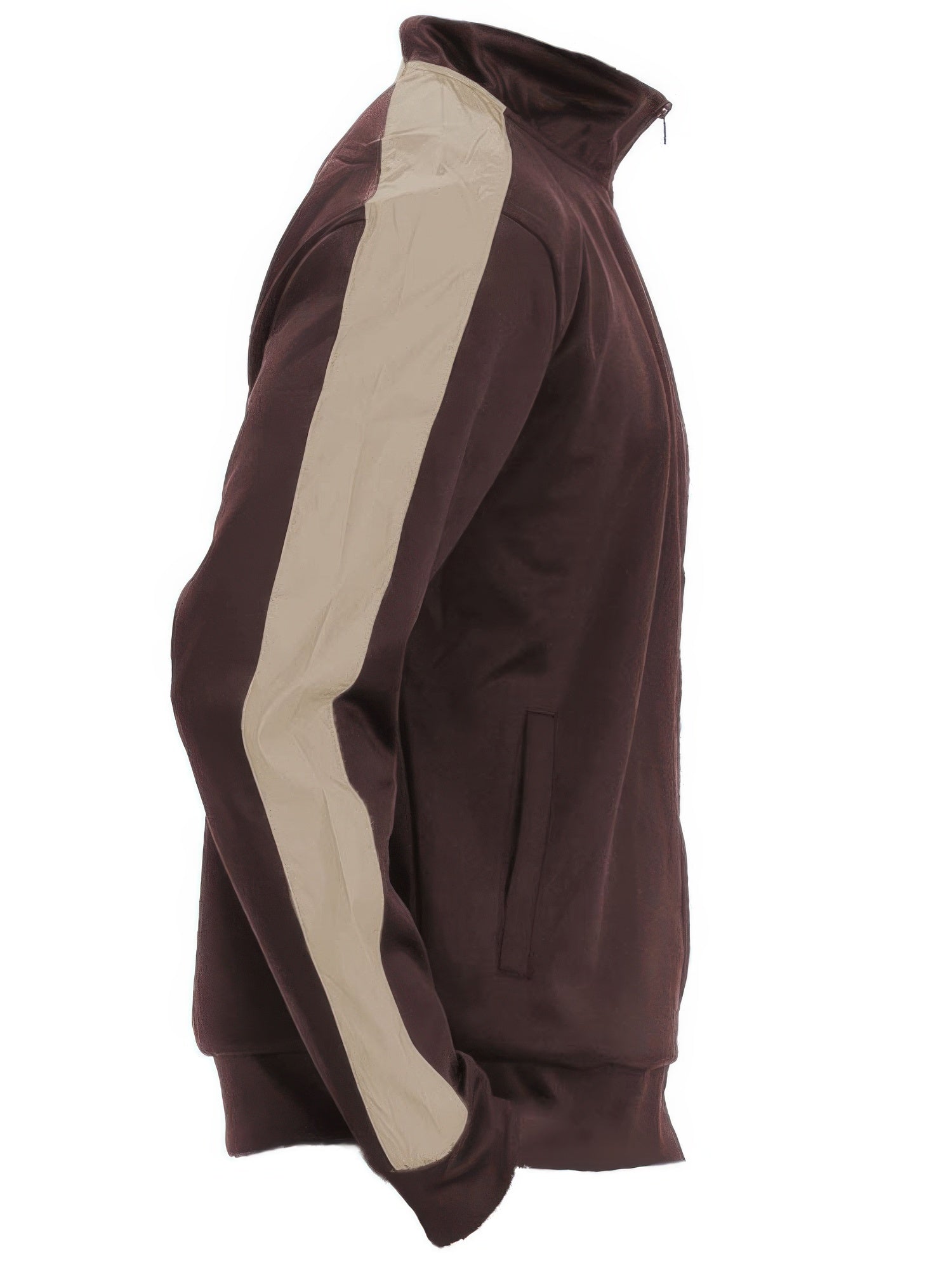 Men's brown track jacket with beige stripes, perfect for casual outings