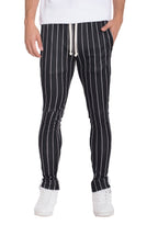 Men's black striped track pants for casual, everyday wear