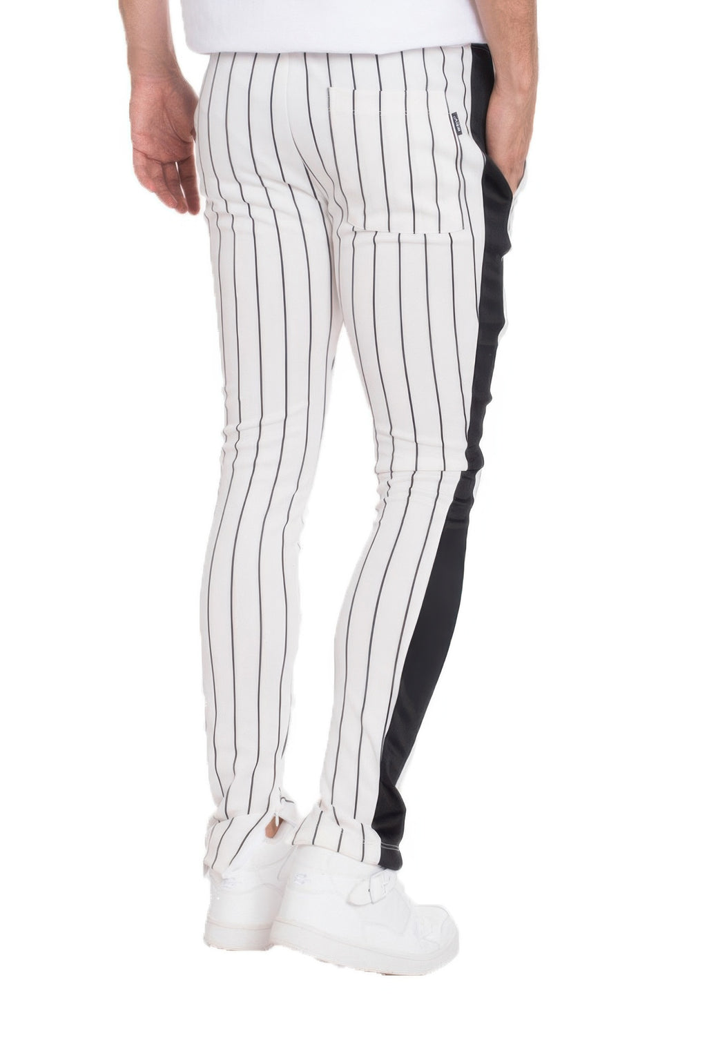 Men's striped track pants in white and black, ideal for casual wear