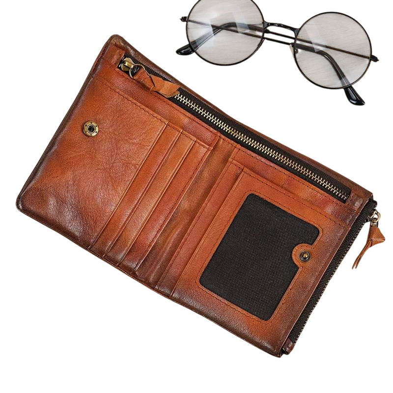 Vintage Leather Short Wallet with Coin Purse for Men RFID