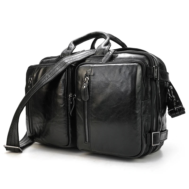 High Quality Leather Professional Bag 3 Ways to Use . Black leather travel briefcase with multiple zip pockets and shoulder strap