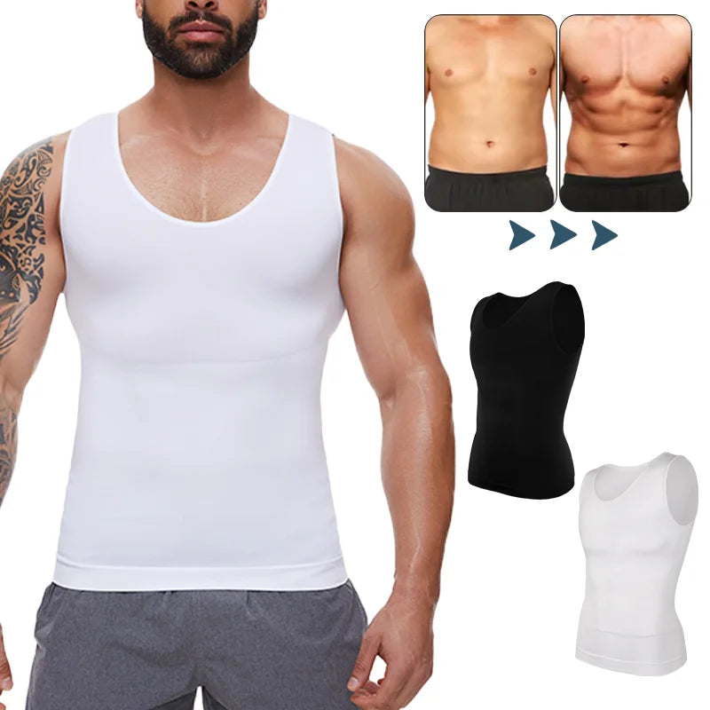 Men's white compression tank top, supports waist corset trainer