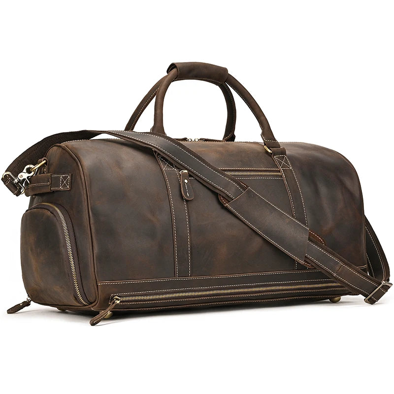 Brown leather weekend bag with durable design and adjustable strap