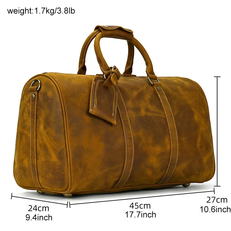 Brown leather weekend bag, stylish design for travel or gym