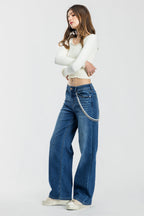 Women's blue wide-leg jeans with chain detail for casual wear