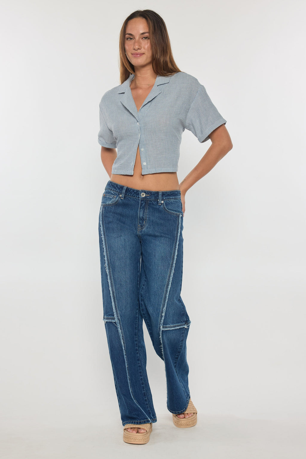 Women's blue wide-leg jeans with contrast stitching, casual wear