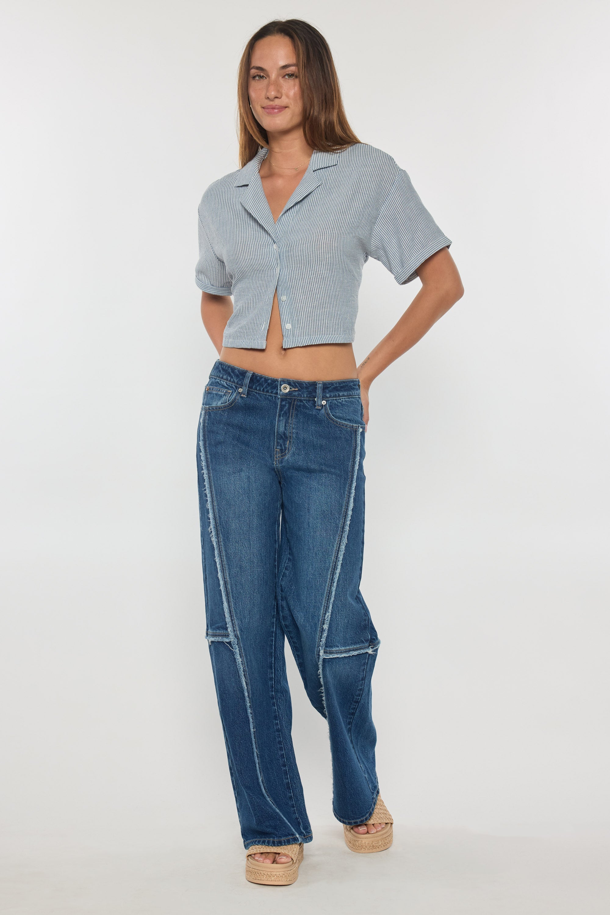 Women's blue wide-leg jeans with contrast stitching, casual wear