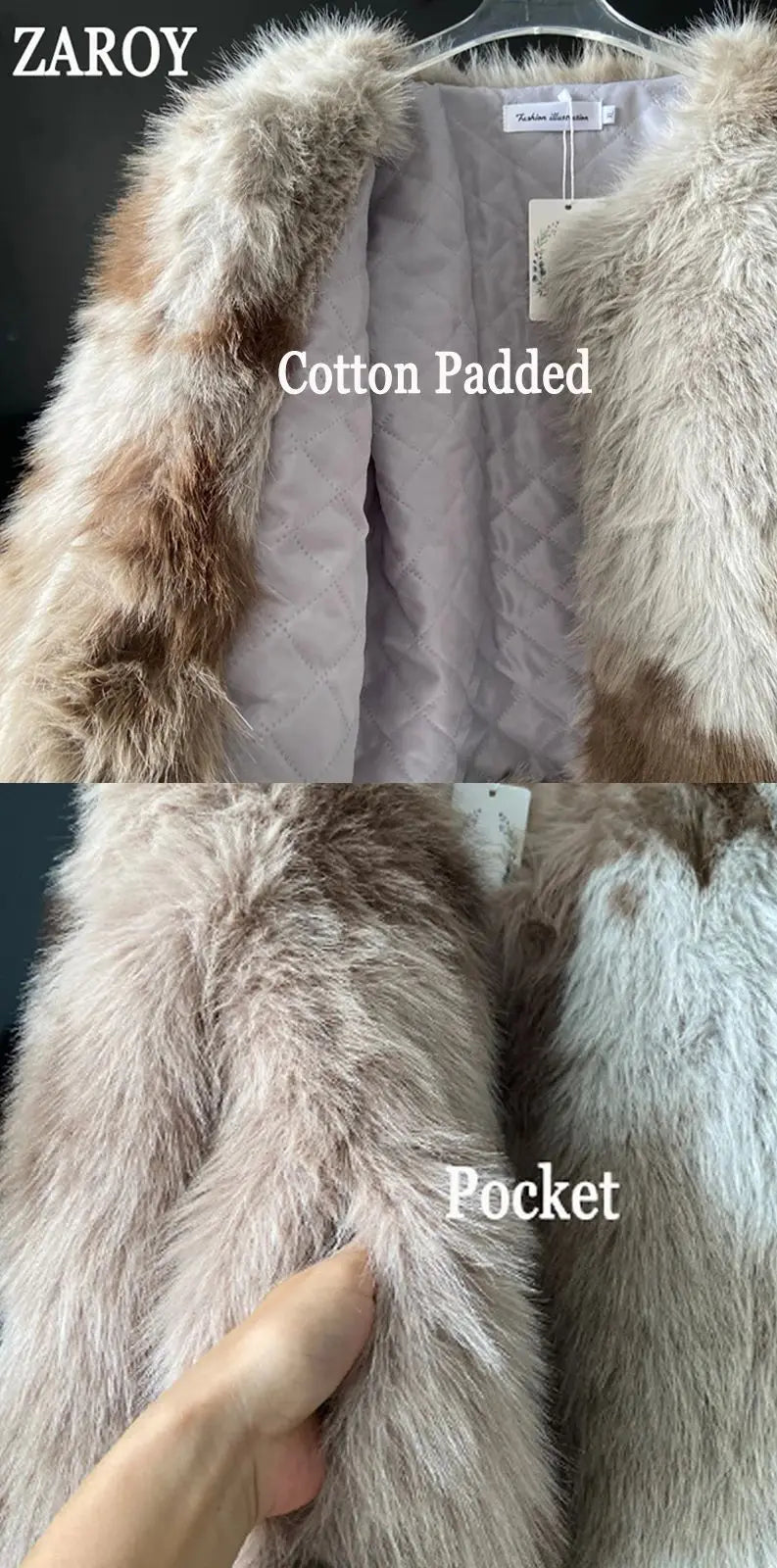 Women's cotton padded winter jacket coat with pockets in beige color